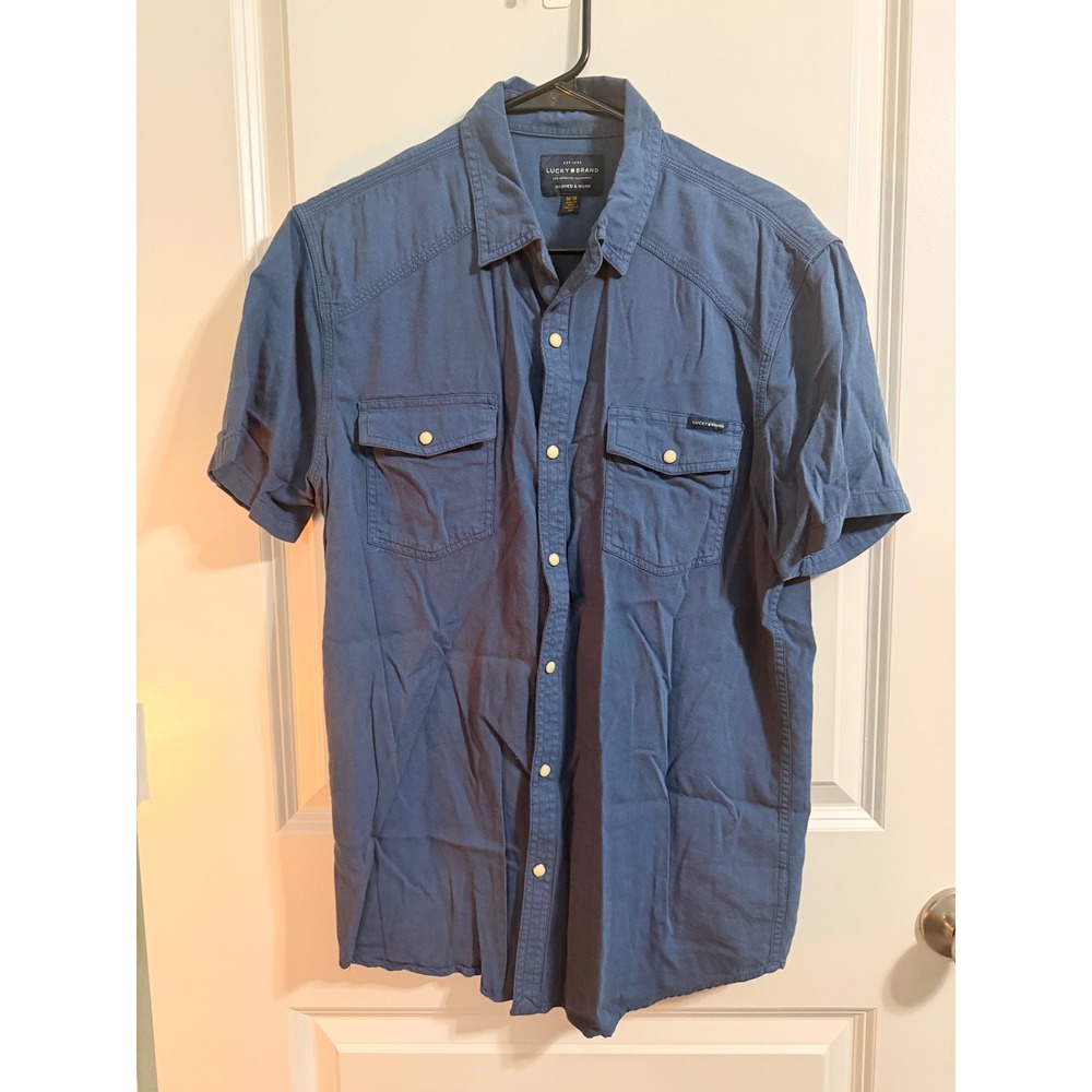 Lucky Brand Mens Medium Blue Short Sleeve Button Down Western Washed & Worn
